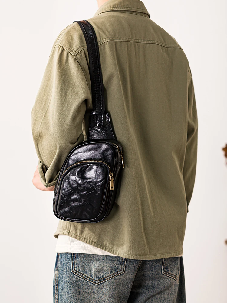 

PNDME sports designers handmade first layer cowhide men's small chest bag outdoor party luxury genuine leather crossbody bag