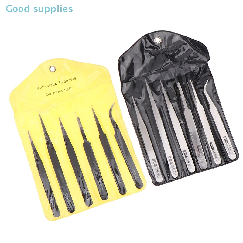 ชุดอุปกรณ์ซ่อมแซม 6 ชิ้น แหนบสแตนเลสสำหรับงาน DIY เครื่องมือซ่อมแซมความแม่นยำระดับอุตสาหกรรม แหนบงอและแหนบตรงสำหรับงานซ่อม