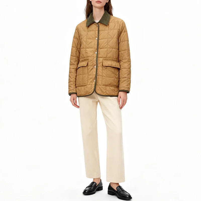 

Retro Brown Color Quilted Cotton Jackets Women Long Sleeve Turn Down Collar Coat with Pocket Sngle-breasted Wrarm Winter Outwear