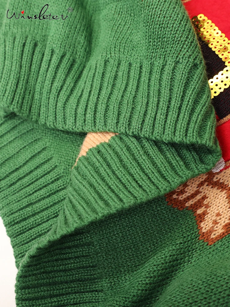 Ugly Sweater Christmas Sweater Women Green Pug Dog Embroidery Sequins Long Sleeve Pullover Knitted Jumper Tops M99591