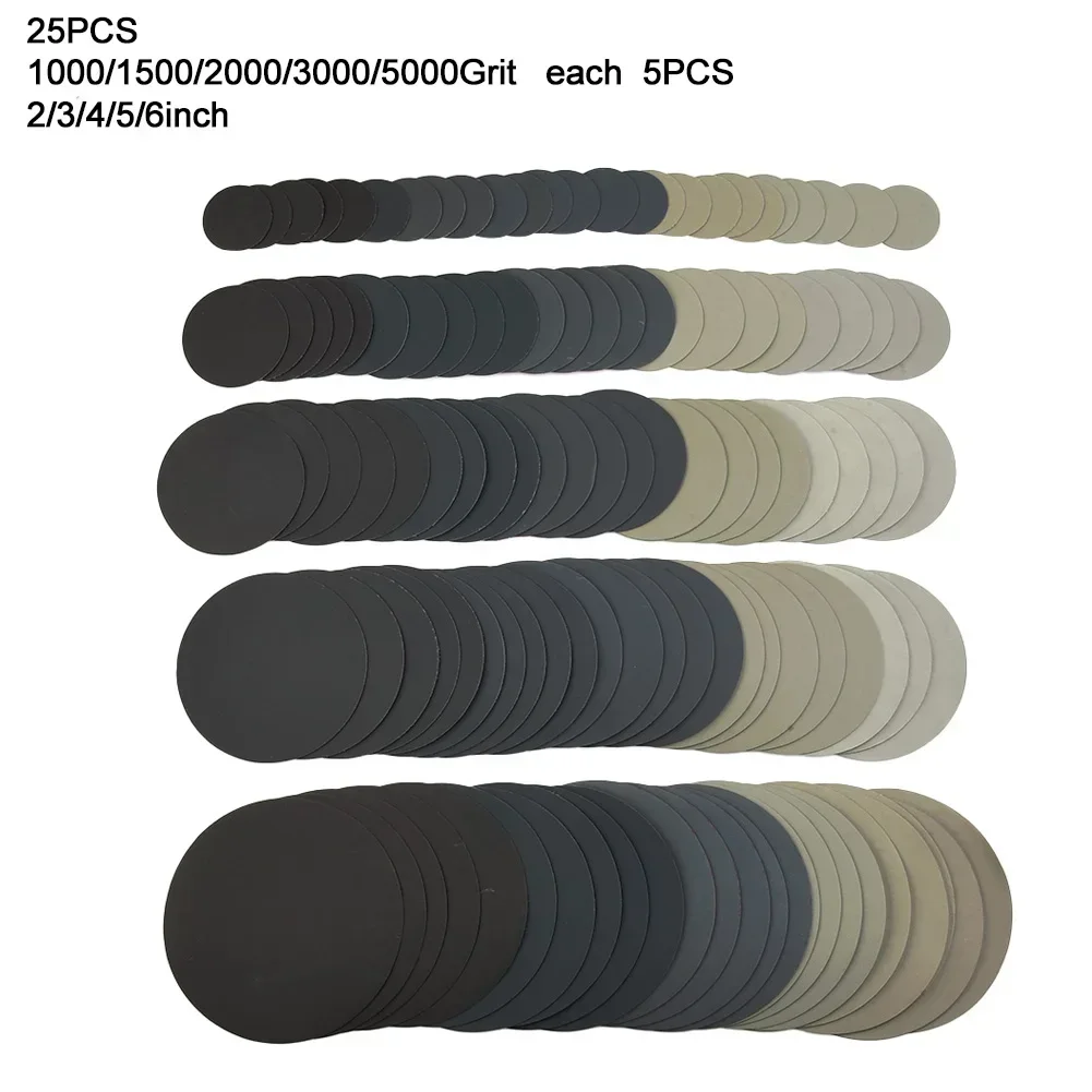 

25Pcs Wet/Dry Sandpaper Hook And Loop Round Sanding Disc 2/3/4/5/6 Inch Sander Paper 1000/1500/2000/3000/5000 Grit