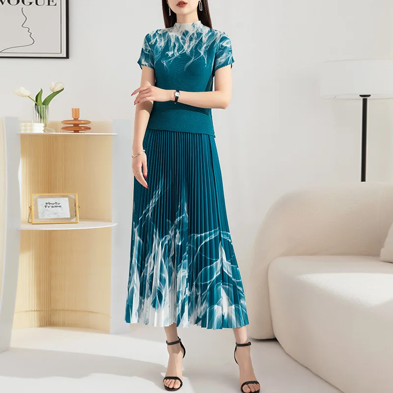 Misuke fashion trends style spring fashion casual new print elastic corn pleated top half length skirt two piece set [20230048]