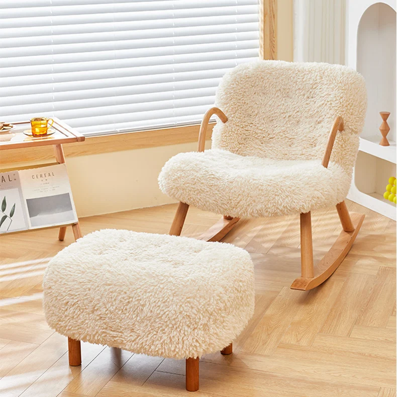 

Washable Nordic Living Room Recliner Plush Cream White Big Relax Boucle Rocking Chair