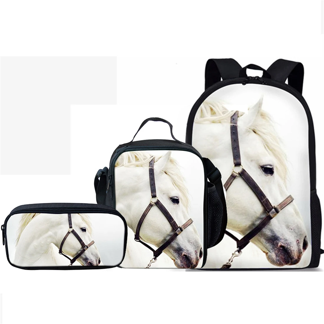 Running Wild Horse Pattern 3 Pcs School Bags Set for Teen Boys Girls School Bag Backpack Casual School Bag Lunch Bag Pencil Case