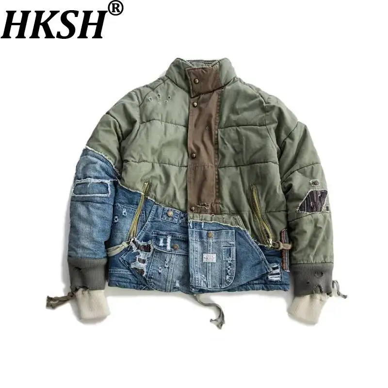 HKSH Japanese Heavy Washed Ripped Patchwork Denim Patchwork Cotton Jacket Thickened Warm High Street Women Chic Ins Coat HK25970