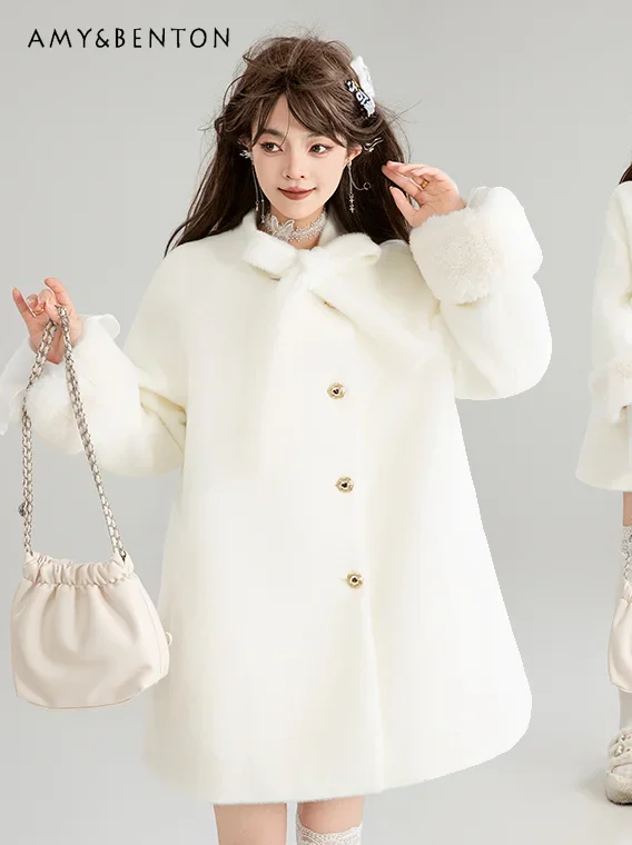 French Elegant Princess Cape Plush Woolen Coats High End Environmentally Friendly Mink White Wool Coat Women 2024 Winter New