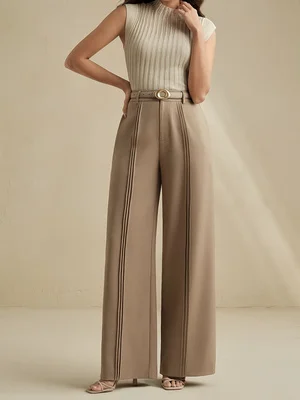 Women Business Casual Wide Leg Trousers High Waist Office Work Dress Pants Seamed Front Straight Long Pants Belt Not Included