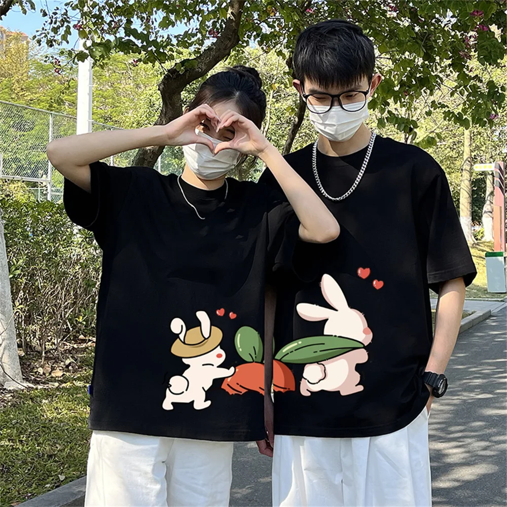 Cartoon Rabbit Stealing Carrots Cute Funny Fashion Couple T-Shirt Streetwear Men Women Casual Cotton Soft Oversize Top Tees