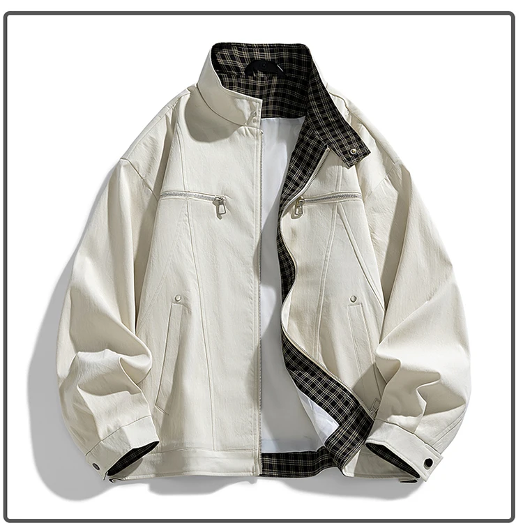 Herren Stehkragen-Freizeitjacke – Einfarbige, locker sitzende Windjacke mit Reißverschluss und Karofutter, Streetwear-Oberbekleidung – Detail 6