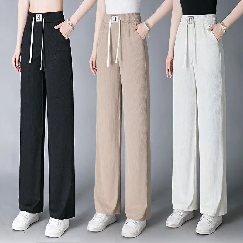 

Ice Silk Wide-leg Pants for Women 2025 Summer New Thin Style Drooping High Waist Casual Versatile Sporty Loose