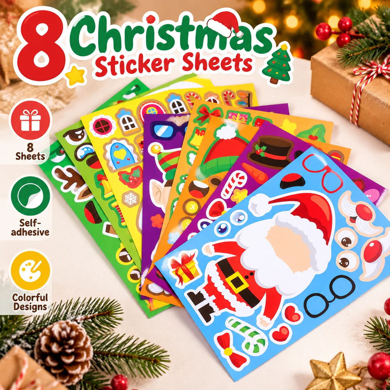 8 Sheets Christmas Make A Face Stickers, Self-adhesive Assorted Xmas Character Decals For Holiday Diy Craft & Scrapbook Decor