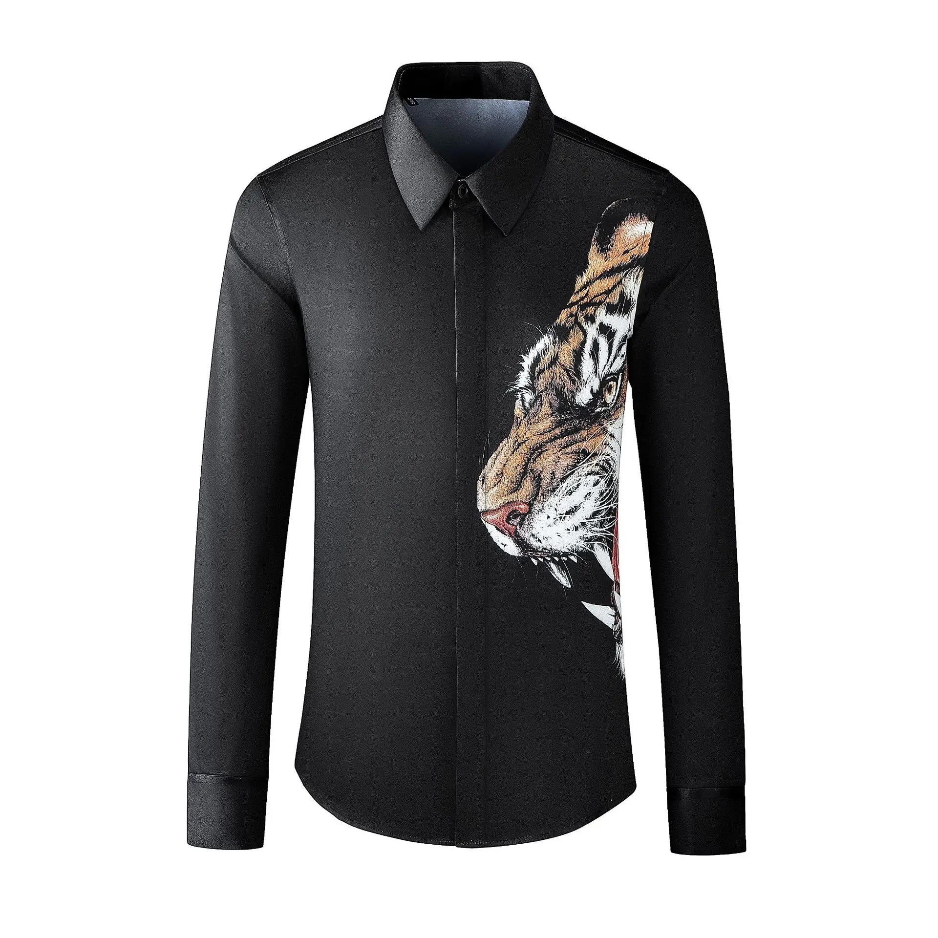 

2023 Summer 3D Tiger Print Shirts Men Long Sleeve Casual Shirts High-quality Streetwear Social Party Tuxedo Blouse Men Clothing