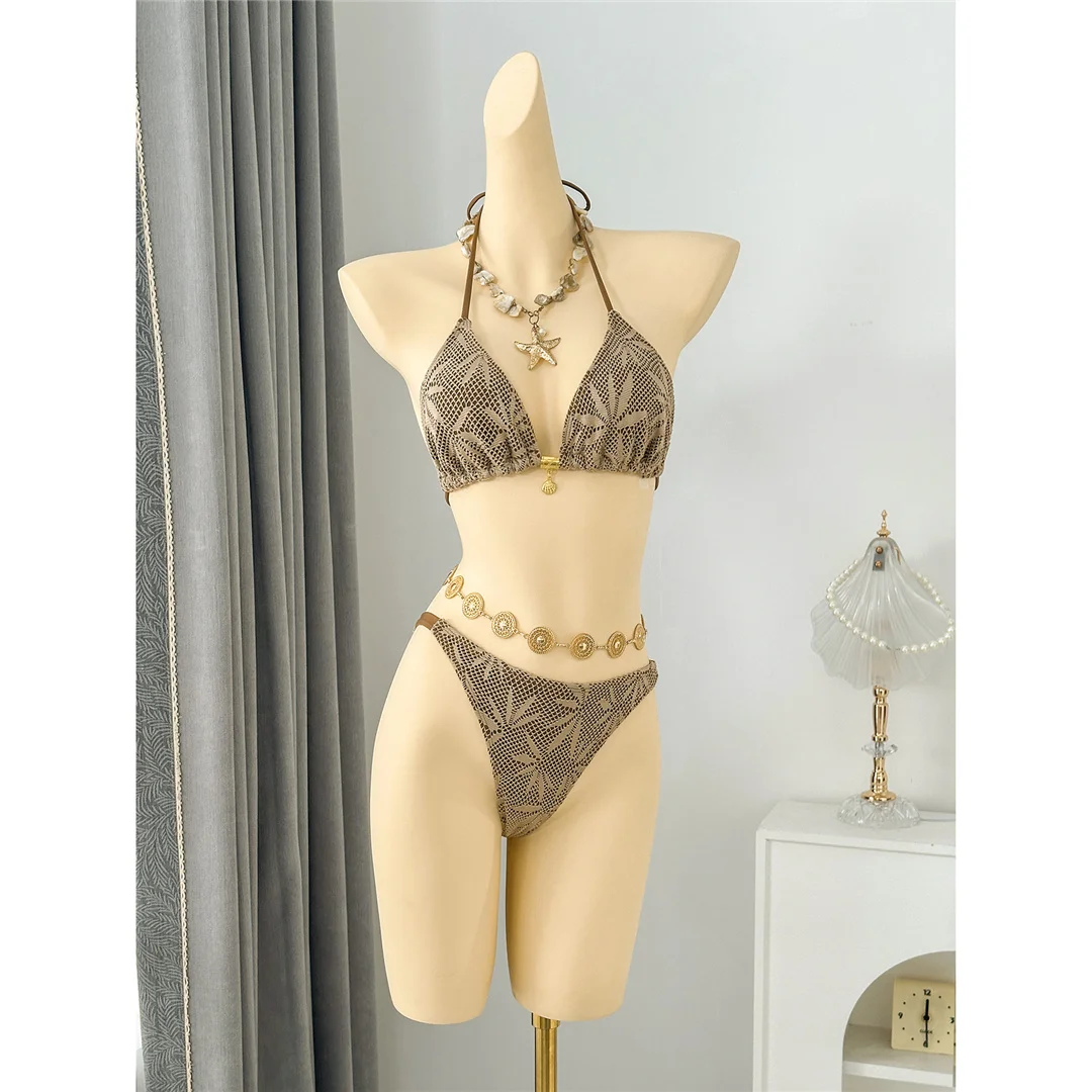 Mit Hosen, Blättern und Halterneck-Bikini, Damen-Badeanzug, dreiteiliges Bikini-Set, Badebekleidung, Badeanzug, Schwimmanzug V8164 – Detail 5