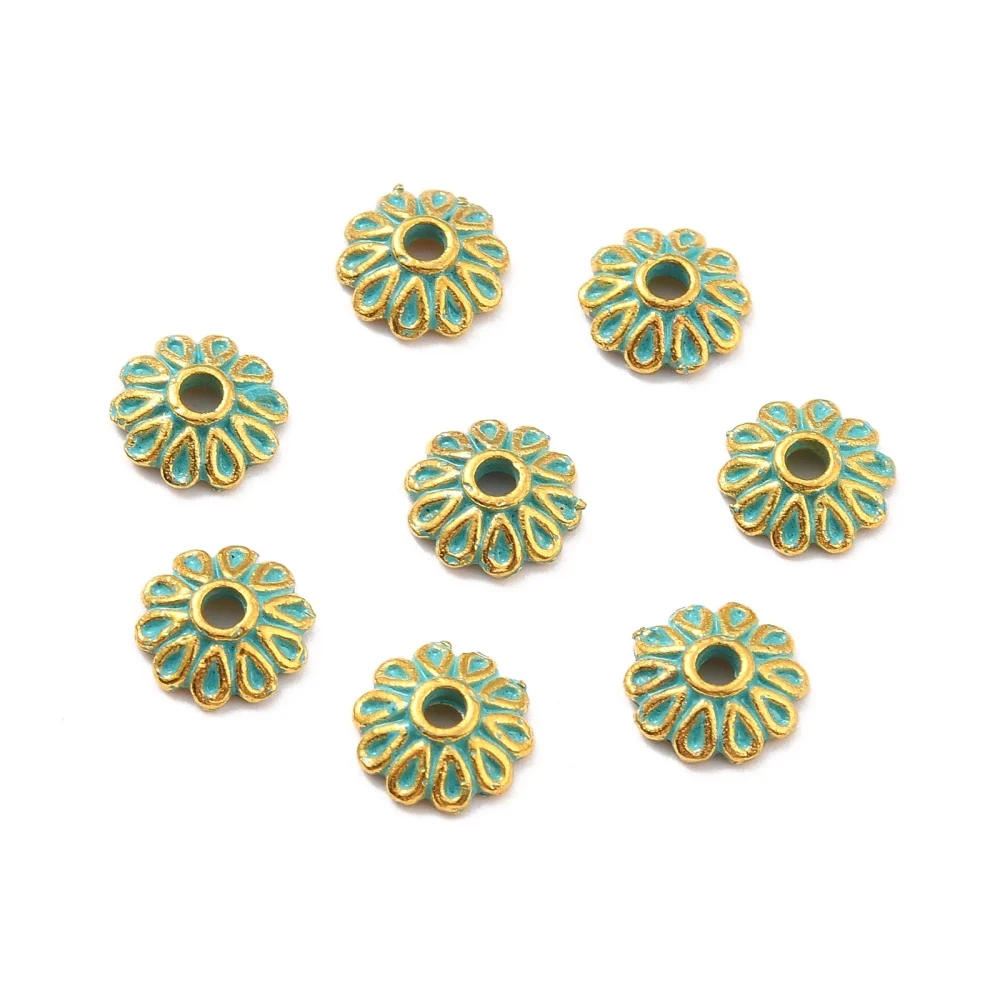 10pcs Alloy Bead Caps, Multi-Petal, Golden & Green Patina, 7.5x2.5mm, Hole: 1.6mm