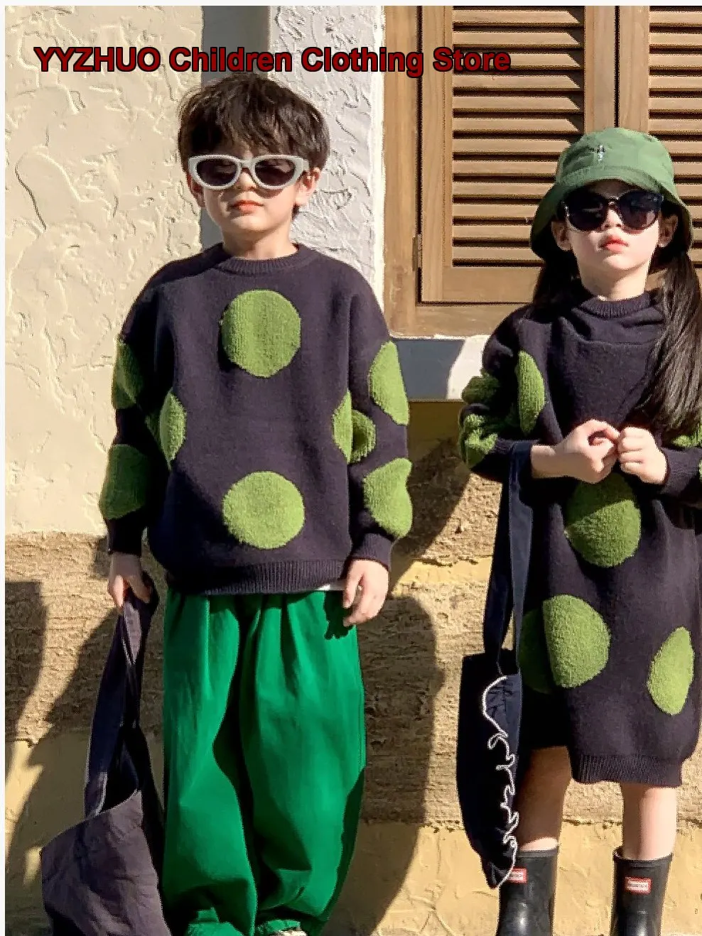 Kids Round Neck Knit Top Baby Boys Girls Polka Dot Long Sleeves Striped Two-Piece Look Stylish Sibling Outfit