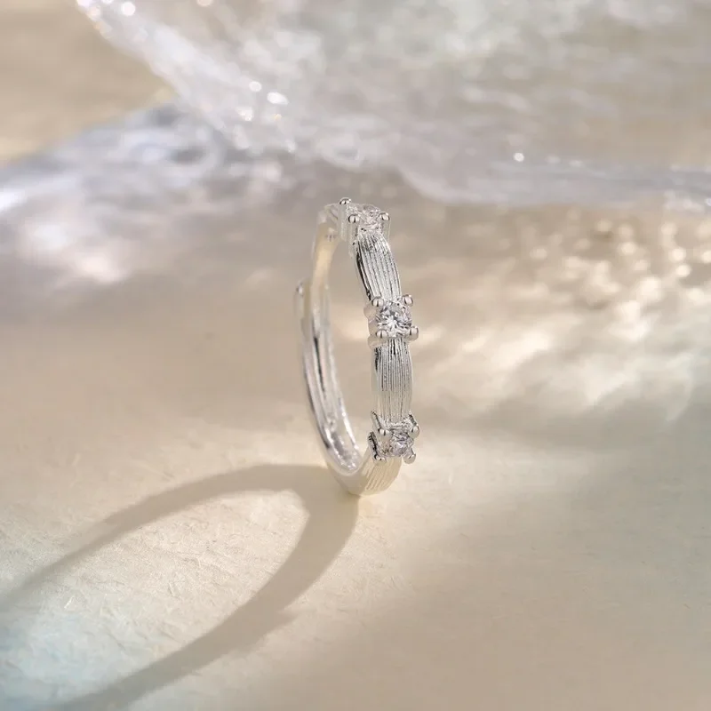 

925 Sterling Silver Geometric Retro Brushed Zircon Adjustable Opening Ring for Women Fine Jewelry Minimalist Accessories