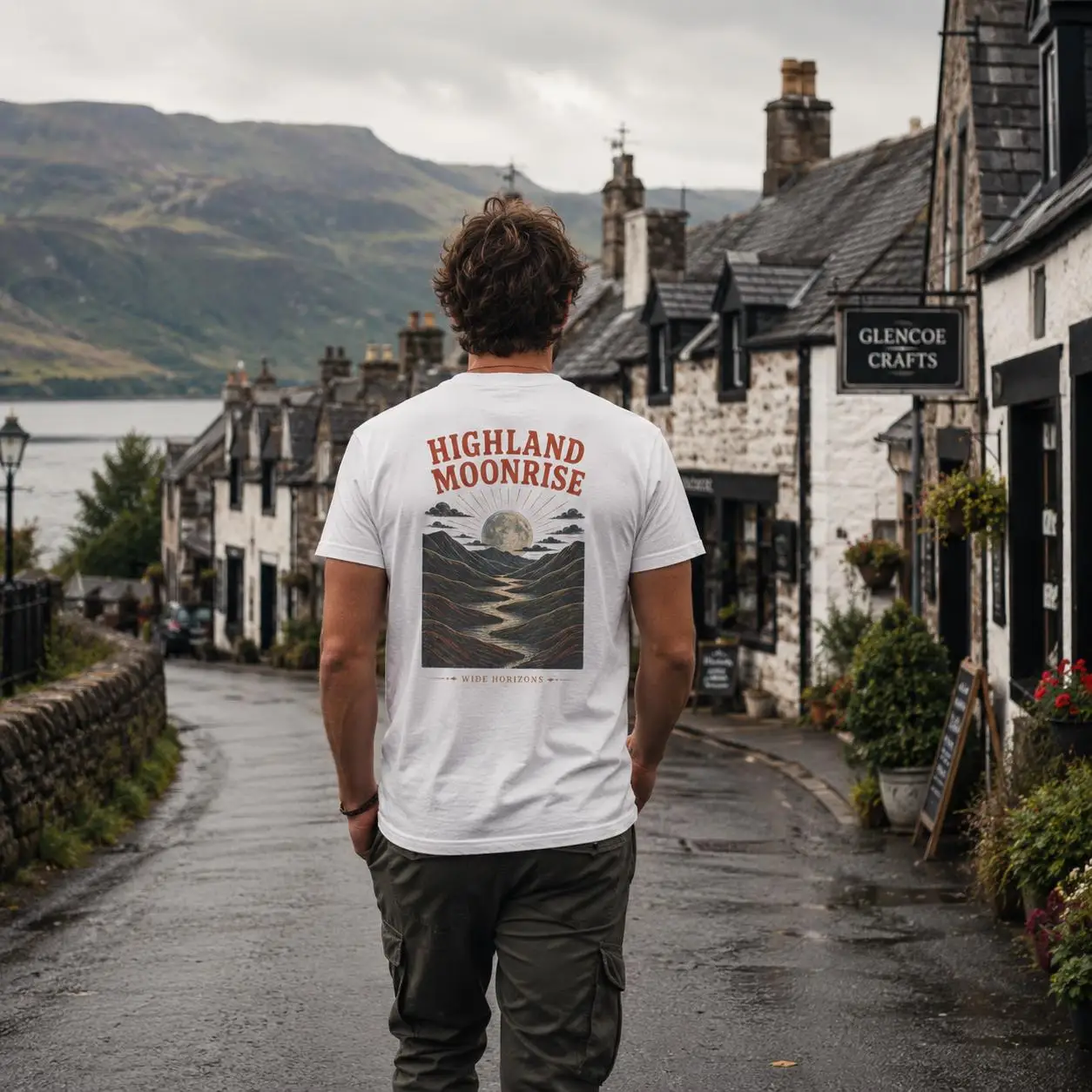 Relaxing and Fashionable Highland T-shirt, with Moonlight and Mountain Scenery Pattern, Suitable for Both Men and Women