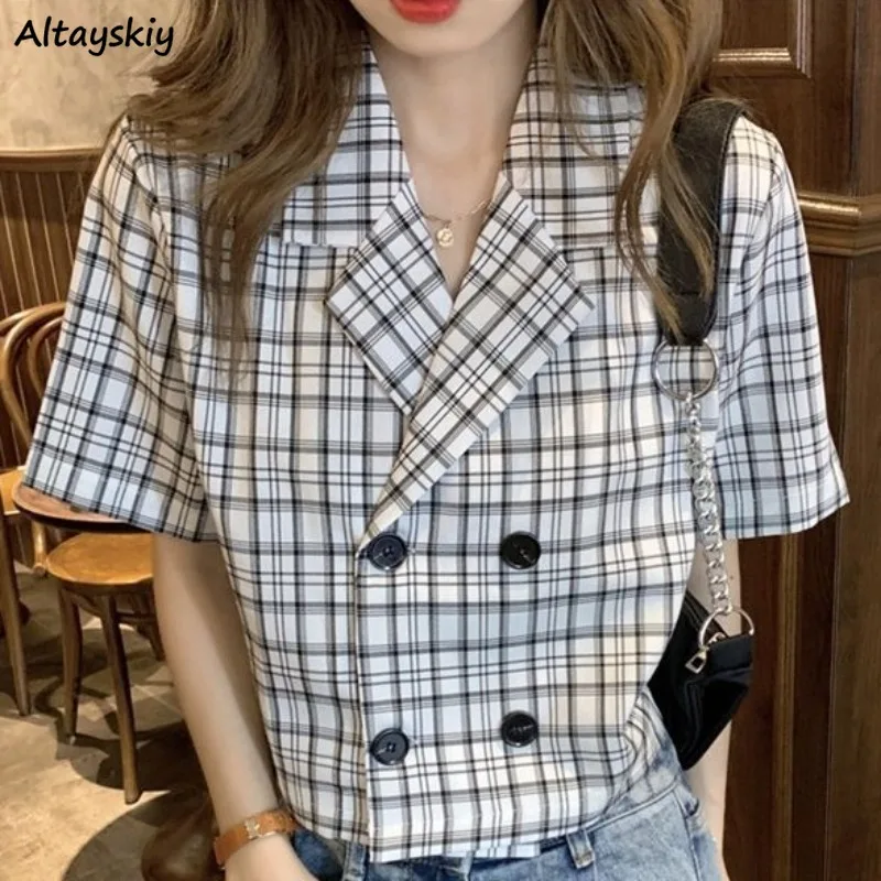 Plaid Blazers for Women Loose Short Sleeve Summer Clothing All-match Fashion Korean Style Young Girls Outwear New Design Thin