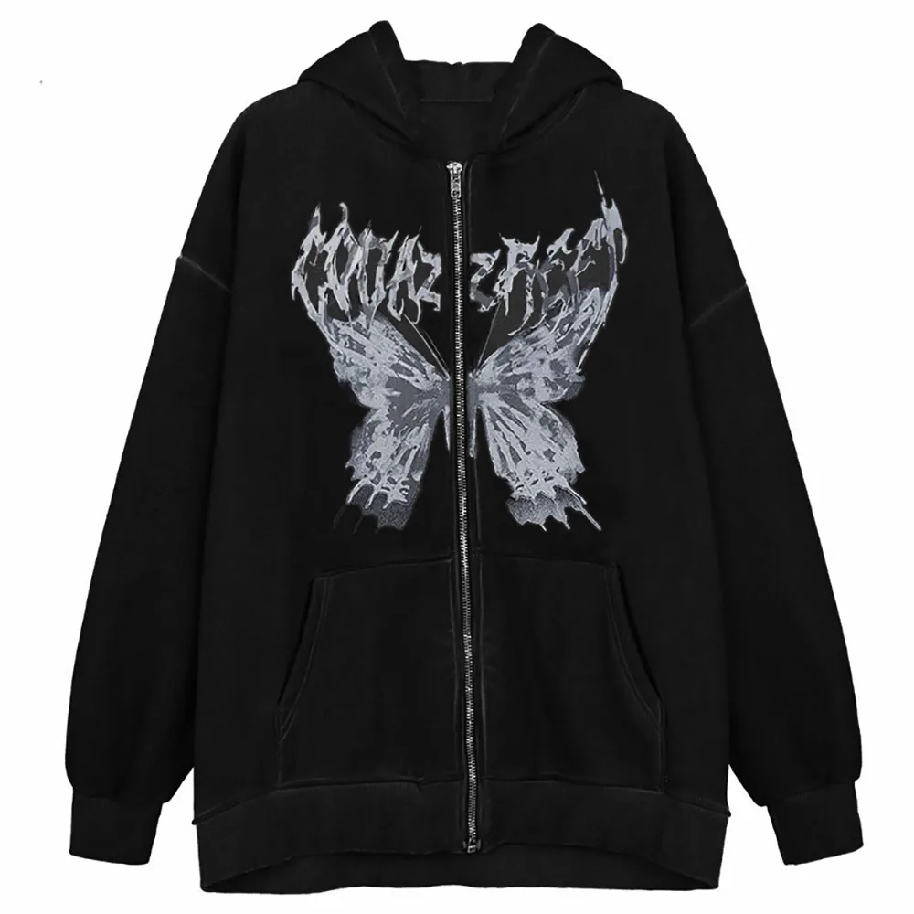 Gothic Butterfly Print Hoodies Zip Up Hip Hop Streetwear