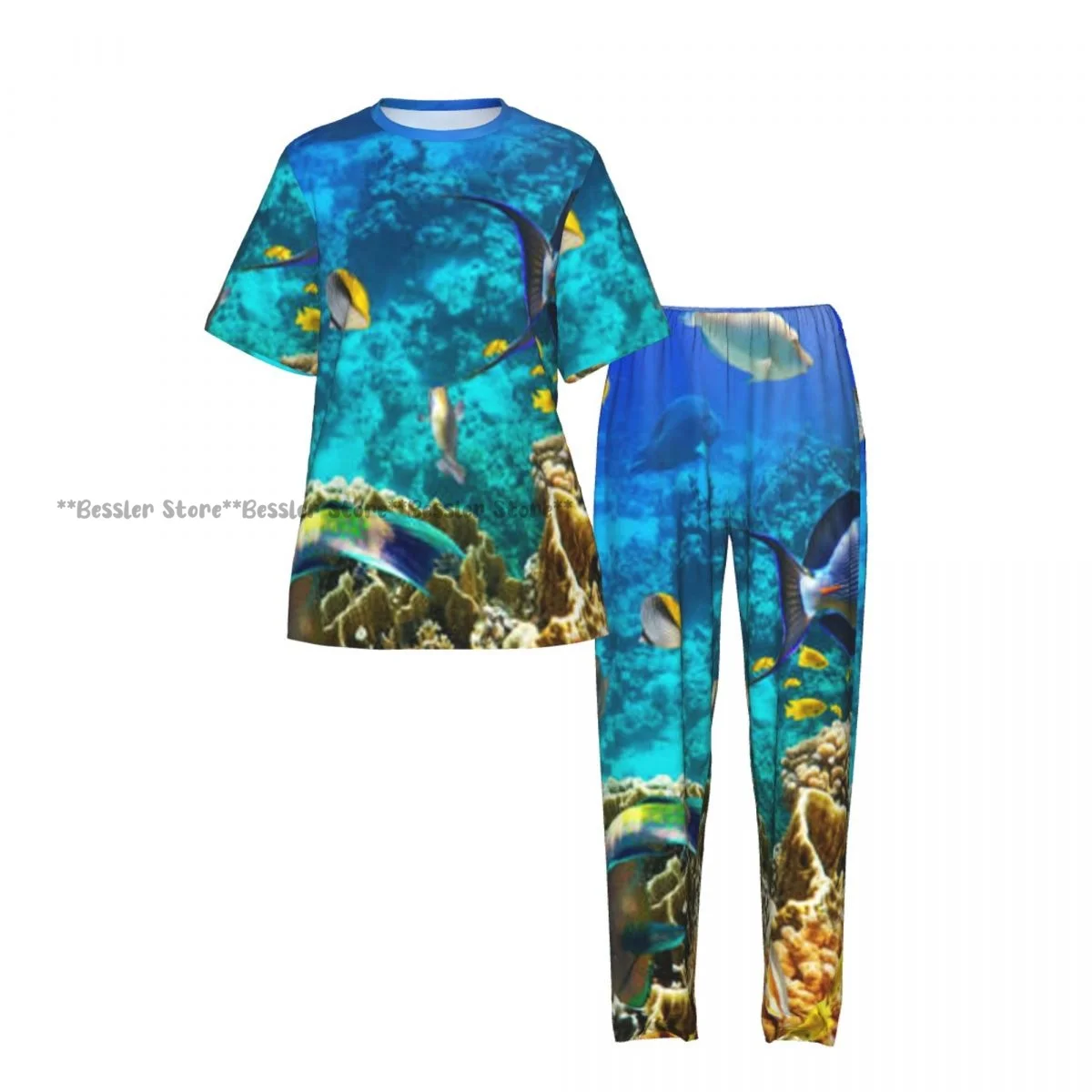 Women's Comfort Pajamas Women's Tropical Fish Coral Reef Short Sleeve Set Sleepwear