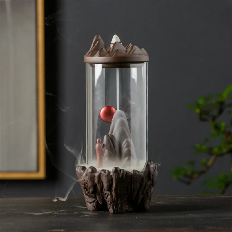1pc Zen Decor Lucky Feng Shui Windproof Ceramic Backflow Incense Burner Hand Gift Mini Landscape DIY Home Decoration -No Incense