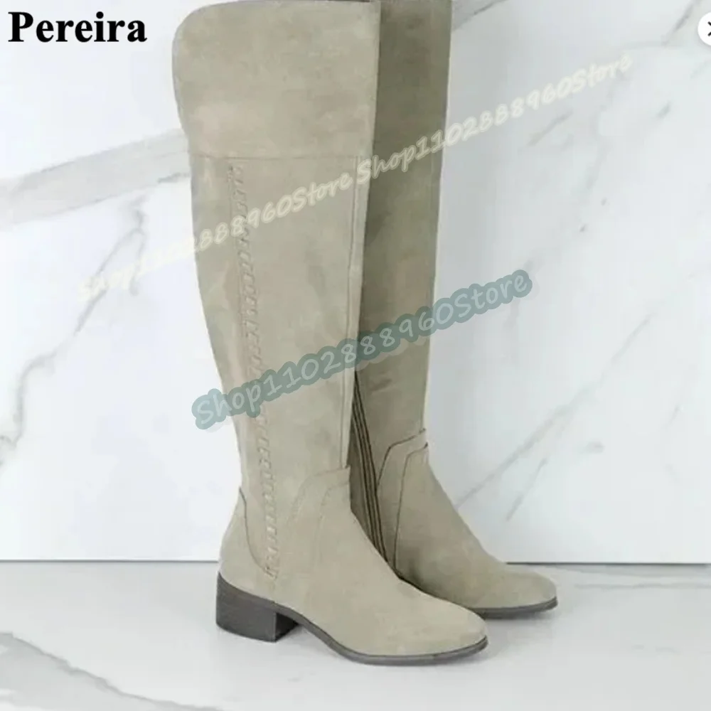 

Big Size Knee High Gray Flock Casual Boots Flats Shoes For Women Side Zipper Round Toe Trending Runway 2026 Zapatos Para Mujer