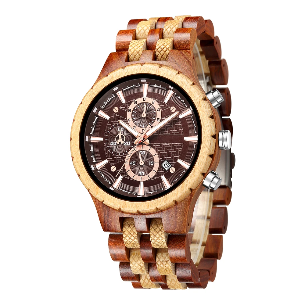 

KUNHUANG Wooden Watch Men Top Brand Luxury Stylish Chronograph Military Watches Dial Mens Quartz Watch Luminous Custom Logo