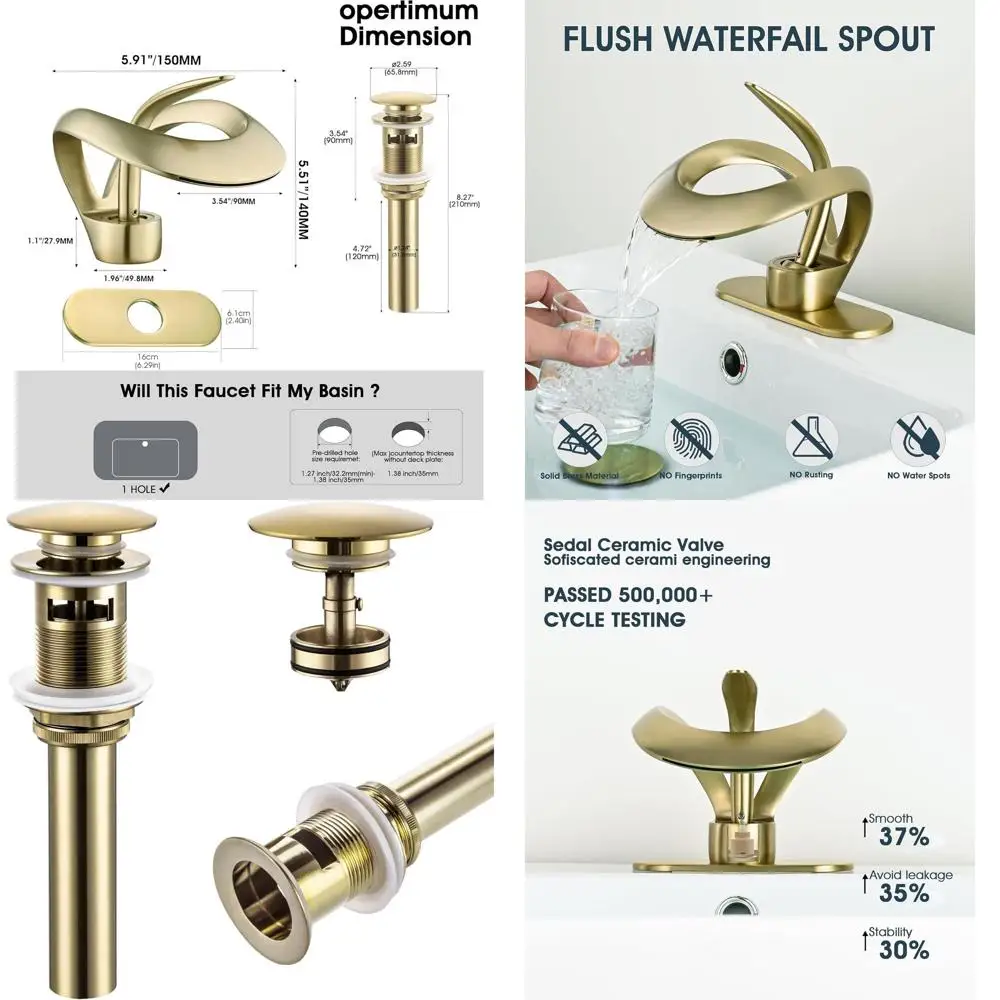 

Смеситель-водопад из матового золота с одним отверстием, смеситель для раковины из твердой латуни с выдвижным сливом и линиями подачи