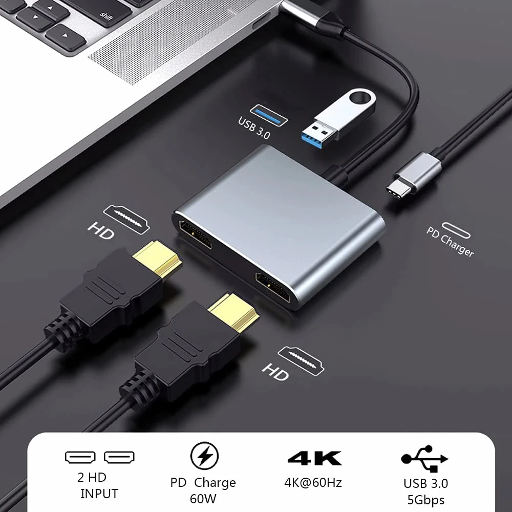 4k Uhd Display Usb C Thunderbolt3 Dual HdTV Extend 2 Monitors Usb 3.0 Hub Type-C Dock Pd Fast Charging For Macbook Pro Air