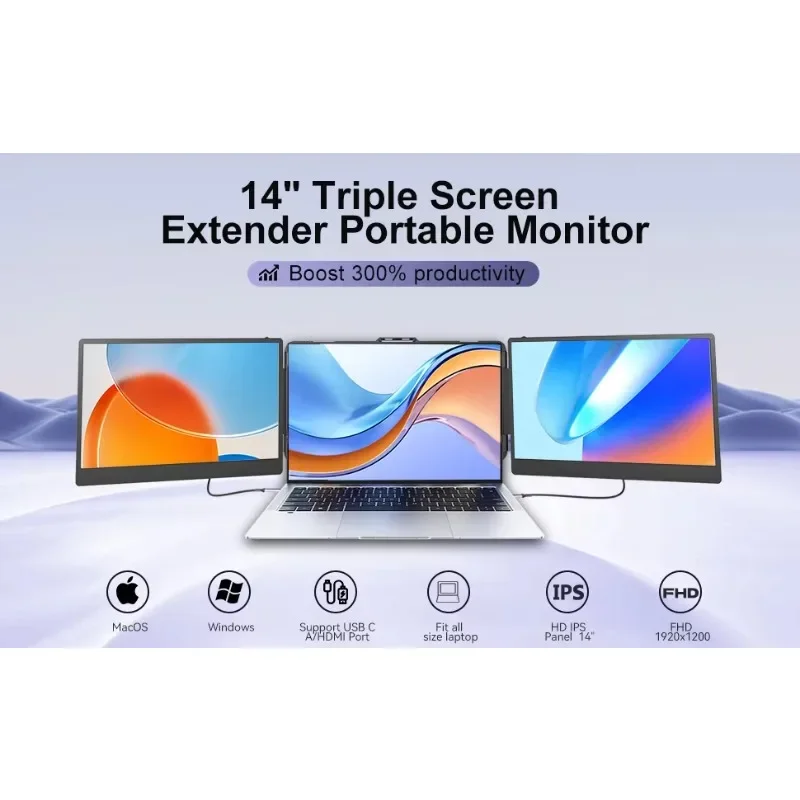 14 inch S2 portable laptop expander triple screen full FHD 1080P IPS high brightness triple USB LCD removable