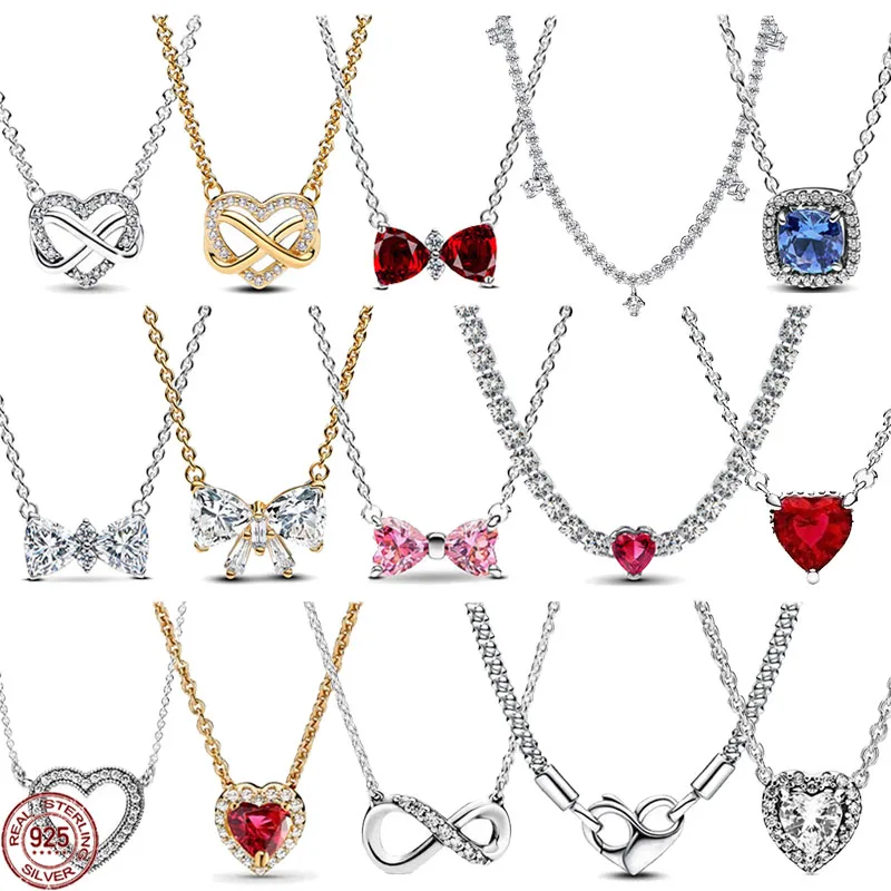 

Simple Elegant Dazzling Women's 925 Sterling Silver Classic Heart-shaped Circular Bowknot Necklace Exquisite Charm Jewelry Gift