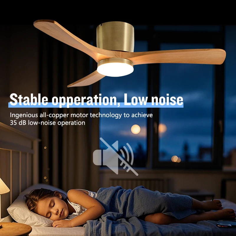Classic Solid Wood Fan Blade Ceiling Fan Light, Flat-mounted Reversible Energy-saving Motor, Multi-functional Remote Control