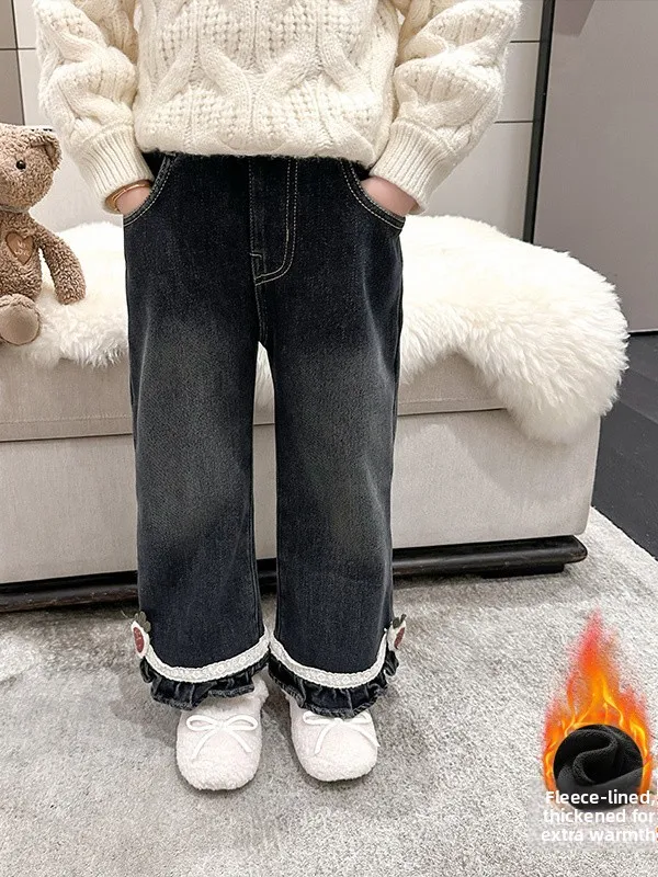 

Джинсы Thiened Fce для девочек, широкие брюки с высокой талией, зимние теплые детские брюки-комбинации, асимметричные брюки для поездок на работу