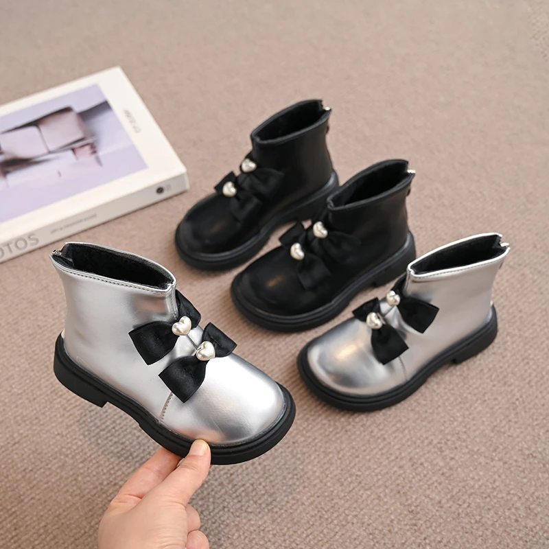 Elegant Girls Boots with Pearl Bow Back Zipper Waterproof and Non Slip 2024 Winter Black/silver Microfiber Leather Fashion Boots