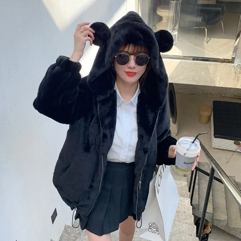 Autumn Winter 2024 Women Hooded Faux Rabbit Fur Coat Loose Casual Mujer Chaqueta Drawstring Long Sleeve Plus Soft Plush Outwear