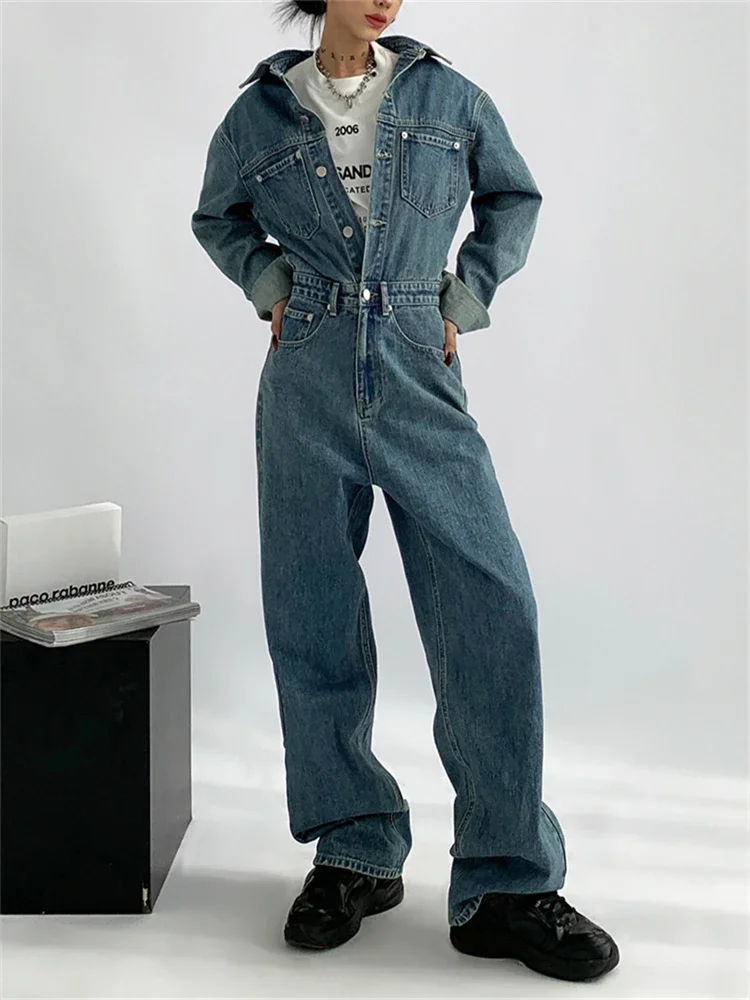 Retro Blue Washed Aged Denim Jumpsuits Womens Spring Autumn New Loose Single Breasted Long Sleeve Jean One Piece Trousers Female