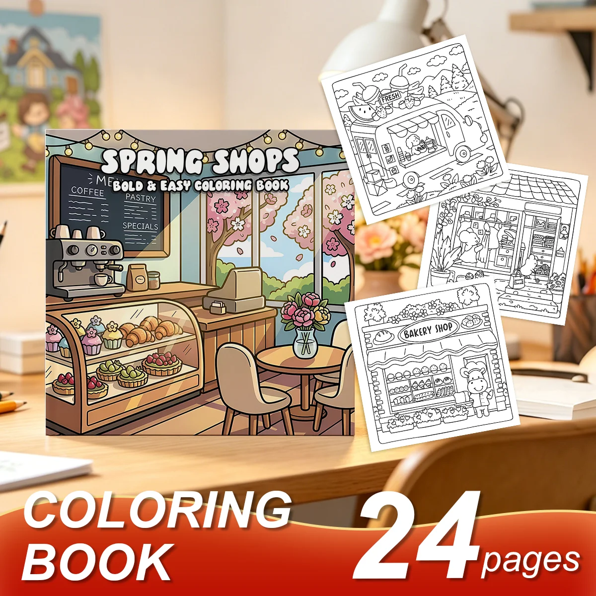 Spring Shops Bold & Easy  Patterns Coloring Book for Adults Stress Relief Cute Drawing Book Perfect Gift for Party and Birthday