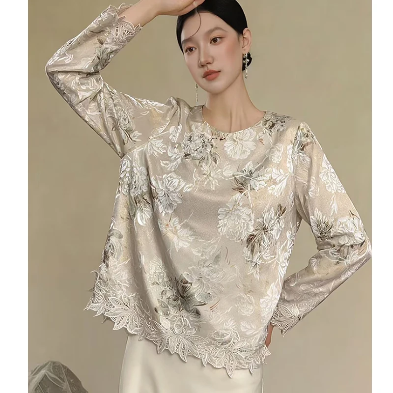 

High Quality Spring Round Neck Rayon Fabric Embroidered Fashionable And Elegant Back Single Buckle Women's Shirt S-XL