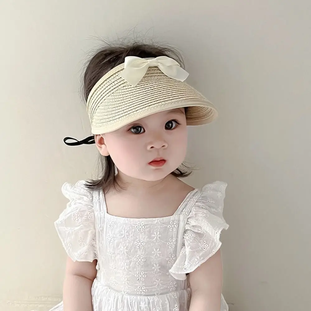 

Breathable Korean Baby Straw Caps Anti-UV Wide Brim Bow Straw Hat Sun Protection Empty Top Visor Cap