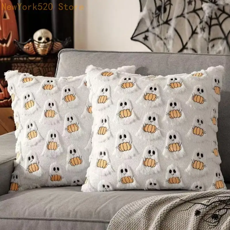 Halloween Decors Embroidered Cushion Cover 18x18Inch Plush Faux Furs Ghostly Pumpkin Pillow Case For Bed Sofa Living Room N84C