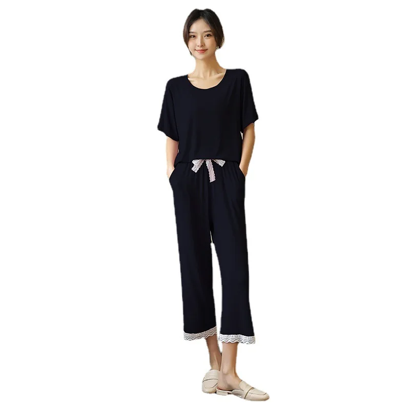 new Summer Pajamas Girls' Suit Short Sleeved Trousers Loose Large Women's Modal Home Clothes Women Can Wear Simple Round Neck