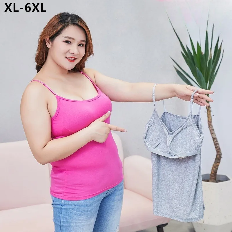 

Plus Size Women Summer Tanks 6XL With Built In Bra 2-in-1 T-Shirt Straps Undershirt Sexy 5XL Basic Modal Camis Girl FemaleTops