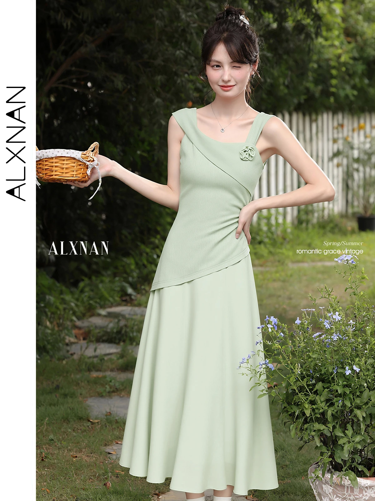 ALXNAN Damska Jasnozielona Sukienka Elegancka Kwadratowy Dekolt Wakacyjna Bez Rękawów Sukienka 2025 Lato Codzienna Impreza Odzież Damska DYL661765