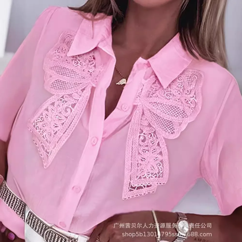 Women Pink Chest Bowknot Butterfly Embroidery Design Puff Sleeve Lapel Shirt Blouse Top