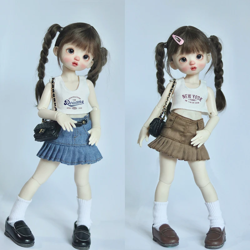 Handmade Fashion 1/6 BJD Clothes Printed T-shirt Vest Top and Denim Skirt with Belt 30cm Doll Clothing Accessories Dress Up Gift