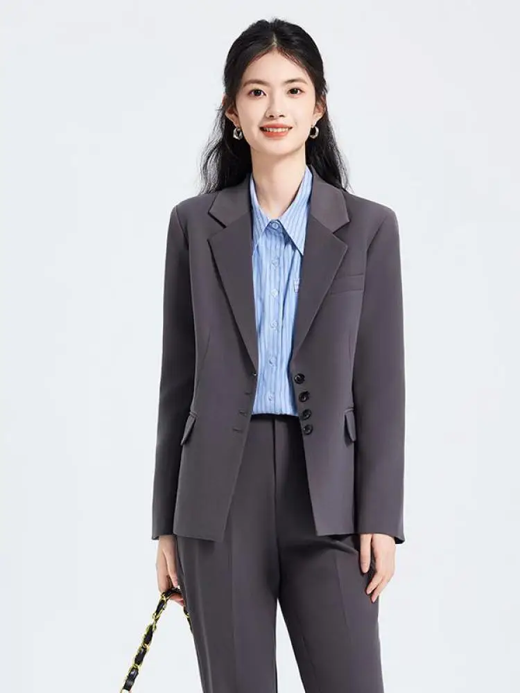 Autunno Inverno Donna 2025 Nuovo Nero Grigio Elegante Abbigliamento da lavoro da ufficio Maniche lunghe Blazer Cappotto + Pantaloni professionali Set da due pezzi