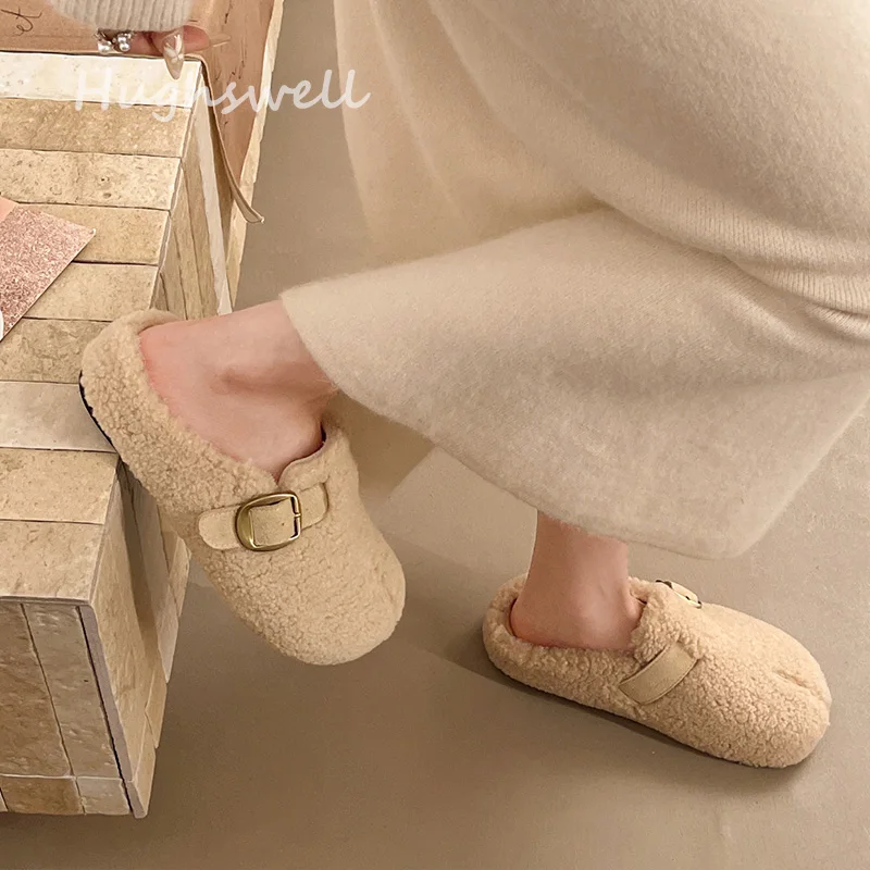 Buckle Strap Round Toe Lambswool Mule Shoes Woman Warm Teddy Fur Birken Shoes Ladies Brand Design Winter Fluffy Flat Slippers