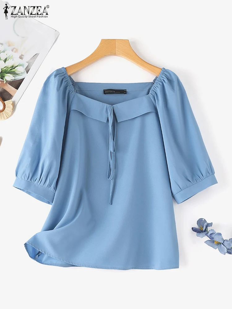 ZANZEA Korean Style Solid Blouse Fashion Women Square Collar Shirts Vintage Half Sleeve Lace-up Tops Casual Loose Clothes Femme