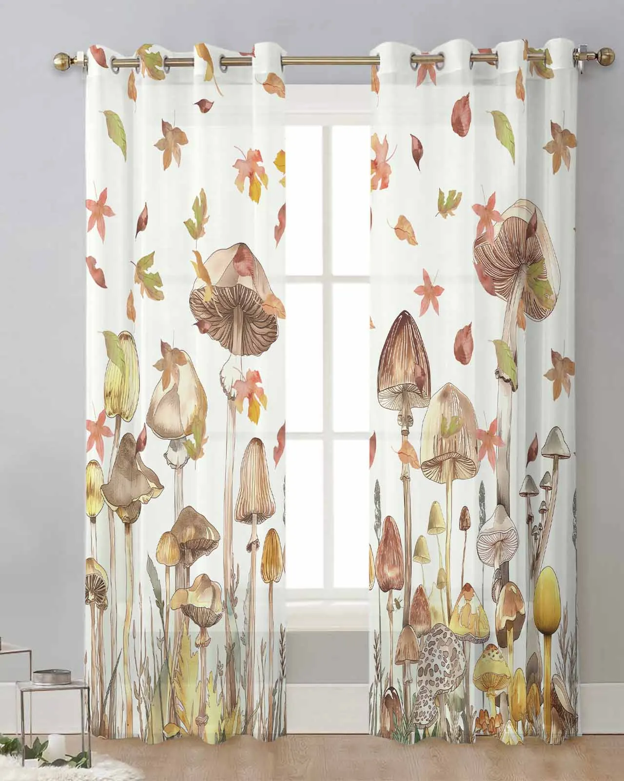 

Autumn Watercolor Mushroom Leaves Bedroom Voile Curtain Window Treatment Drapes Tulle Curtains for Living Room Sheer Curtains