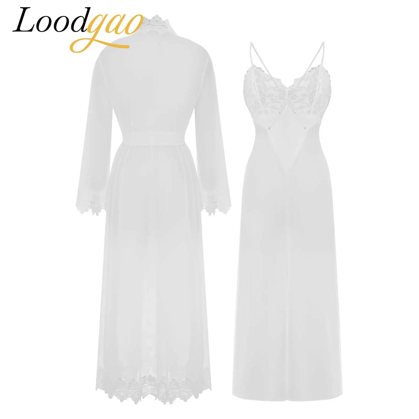 

Womens Sexy Lace Trim Long Sleeve Mesh Robe Dress Set Backless Sling Dress Beach Dress Suits Beachwear